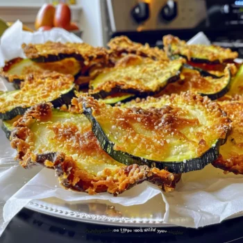Golden, crispy Baked Zucchini Chips with parmesan cheese and browned edges on parchment-lined plate, vibrant green and golden color, served fresh.