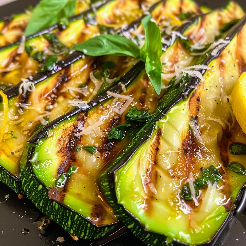 Glazed grilled zucchini slices with golden char marks, fresh herbs, and grated Parmesan, served with vibrant lemon wedges on a dark plate.