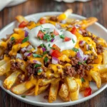 Loaded Cheese Fries with Beef, Cheddar, and Fresh Toppings featuring golden crispy fries topped with melty cheddar, savory beef, sour cream, red onion, tomato, and fresh herbs on a white plate.
