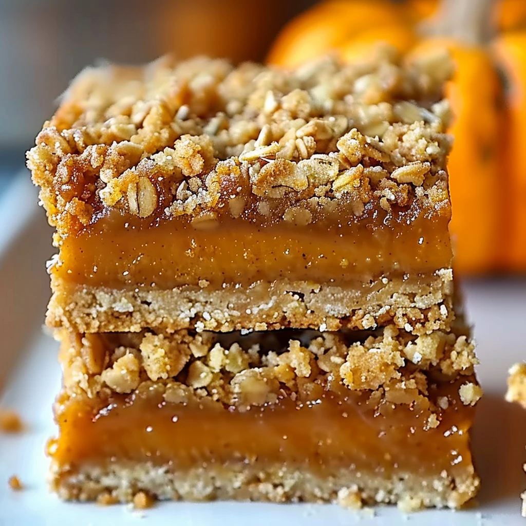 Close-up of two Pumpkin Pie Crumble Bars stacked, with golden oat crumble, vibrant orange pumpkin filling, and rustic texture, shown on a white plate with pumpkins in the background.