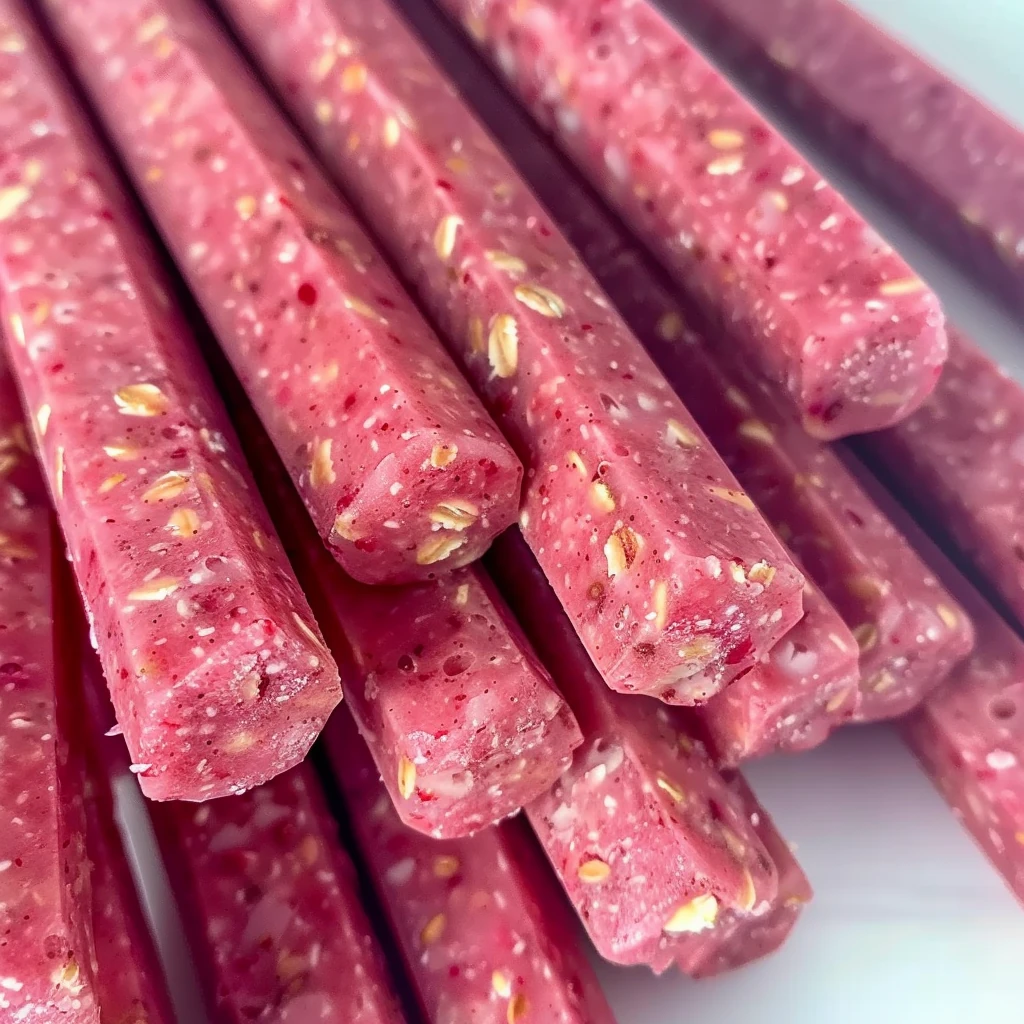 Vivid pink, creamy strawberry oat smoothie sticks for dogs with visible oat flakes, arranged in a neat stack showing their cool, smooth texture and cheerful color