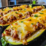 Cheesy Stuffed Zucchini Boats with golden-brown melted mozzarella, savory meat filling, and fresh herbs on a black baking tray.