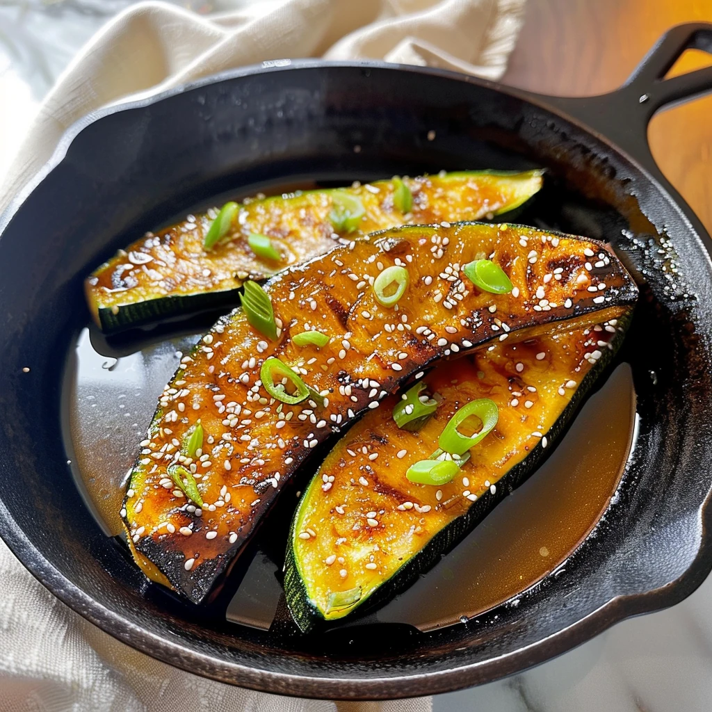Glossy, caramelized Thomas Keller's Roasted Zucchini with golden brown glaze, sesame seeds, and vibrant sliced scallions in a black cast iron skillet
