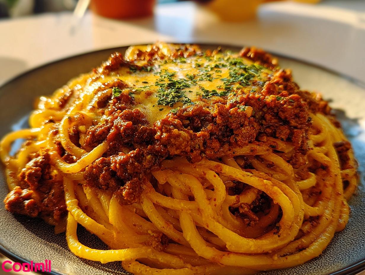 Creamy Cajun Beef Spaghetti - close-up of the creamy sauce coating the pasta