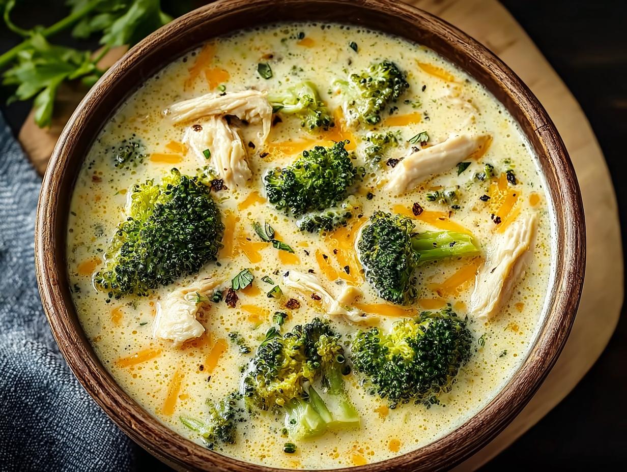 Crockpot Cheesy Chicken Broccoli - close up of creamy texture with broccoli and chicken