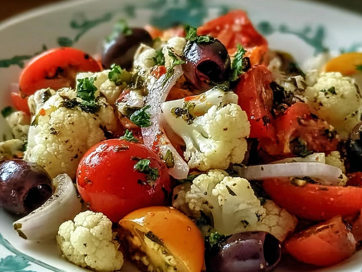 Amazing Mediterranean Marinated Cauliflower Salad - Close-up of the dressed salad