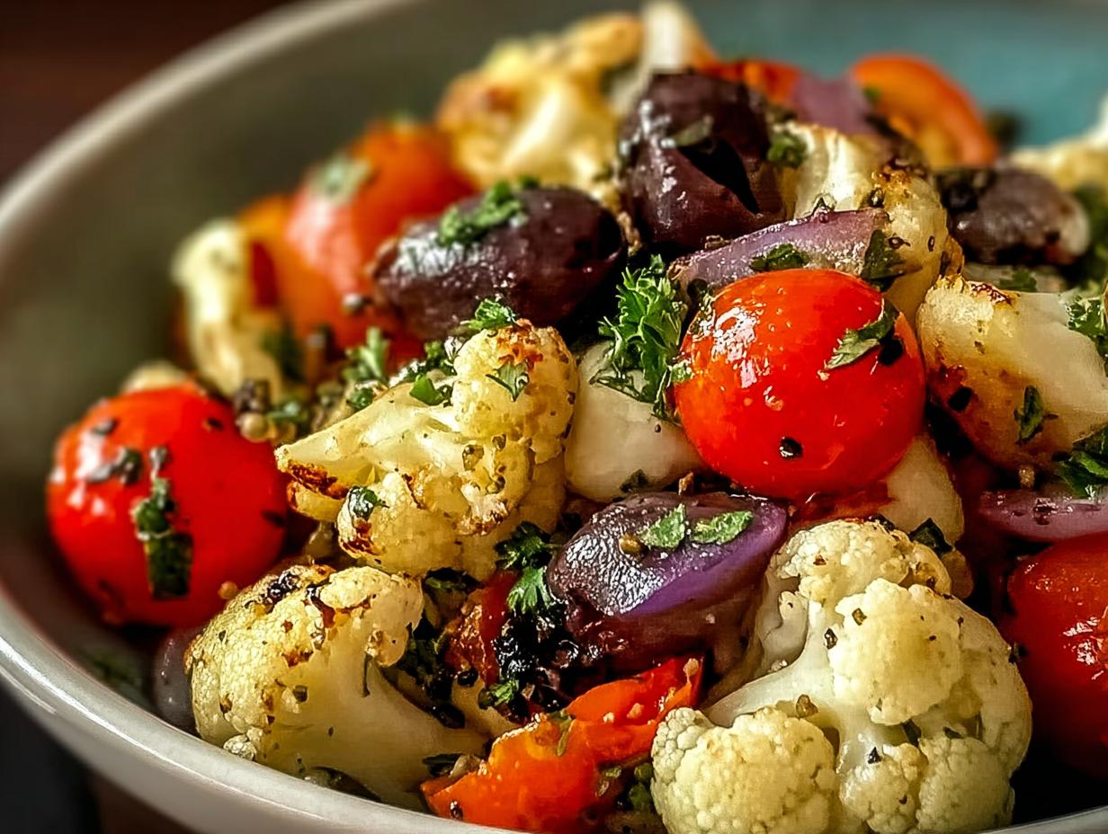 Amazing Mediterranean Marinated Cauliflower Salad - Salad served in a bowl