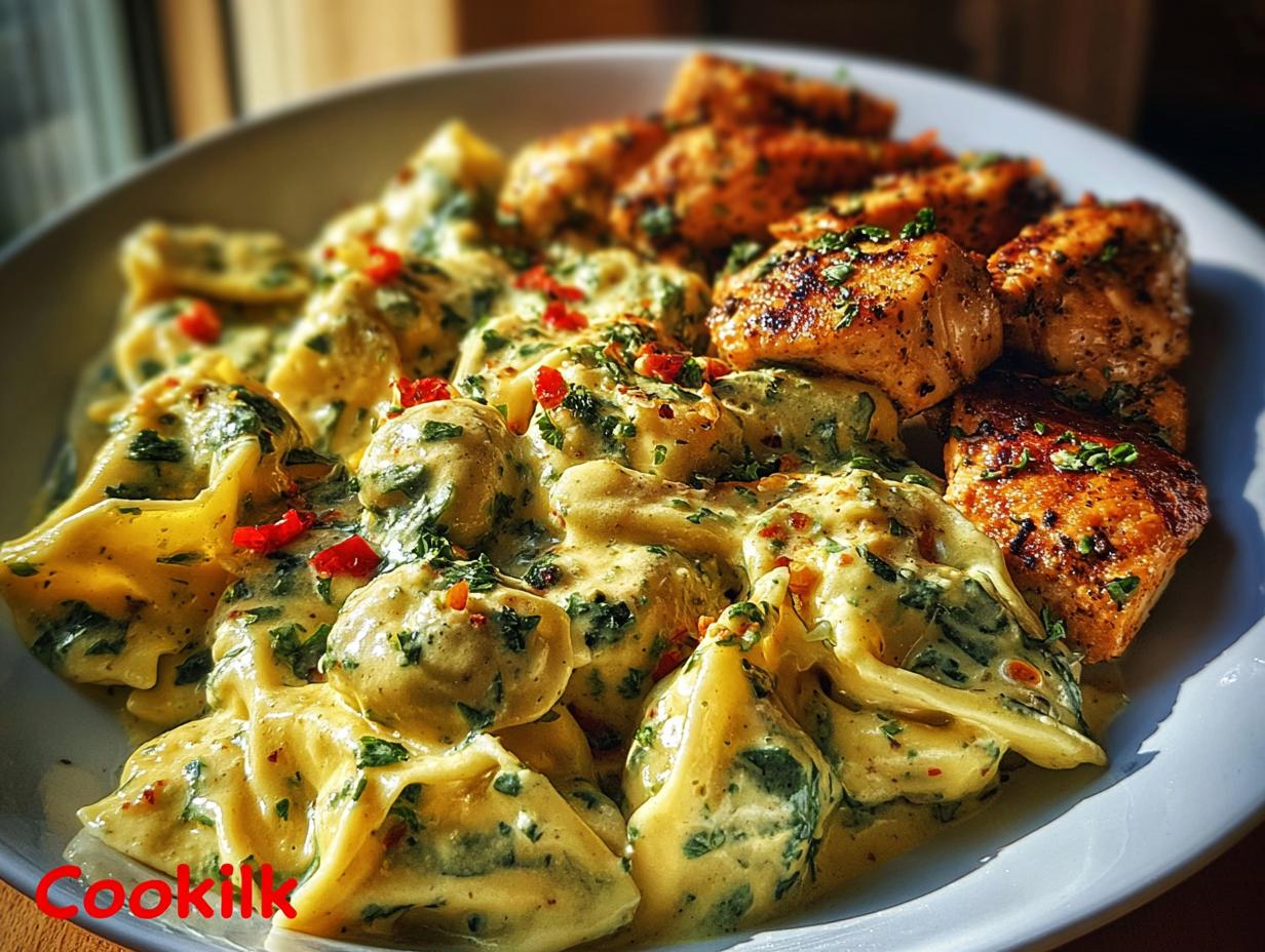 Spicy Garlic Chicken Tortellini - close-up of creamy sauce with chicken and tortellini
