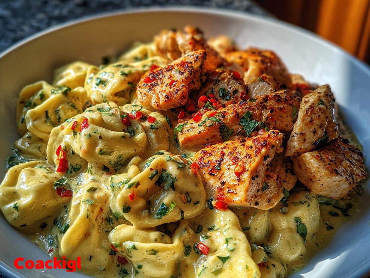 Spicy Garlic Chicken Tortellini - overhead view of the finished dish garnished with parsley