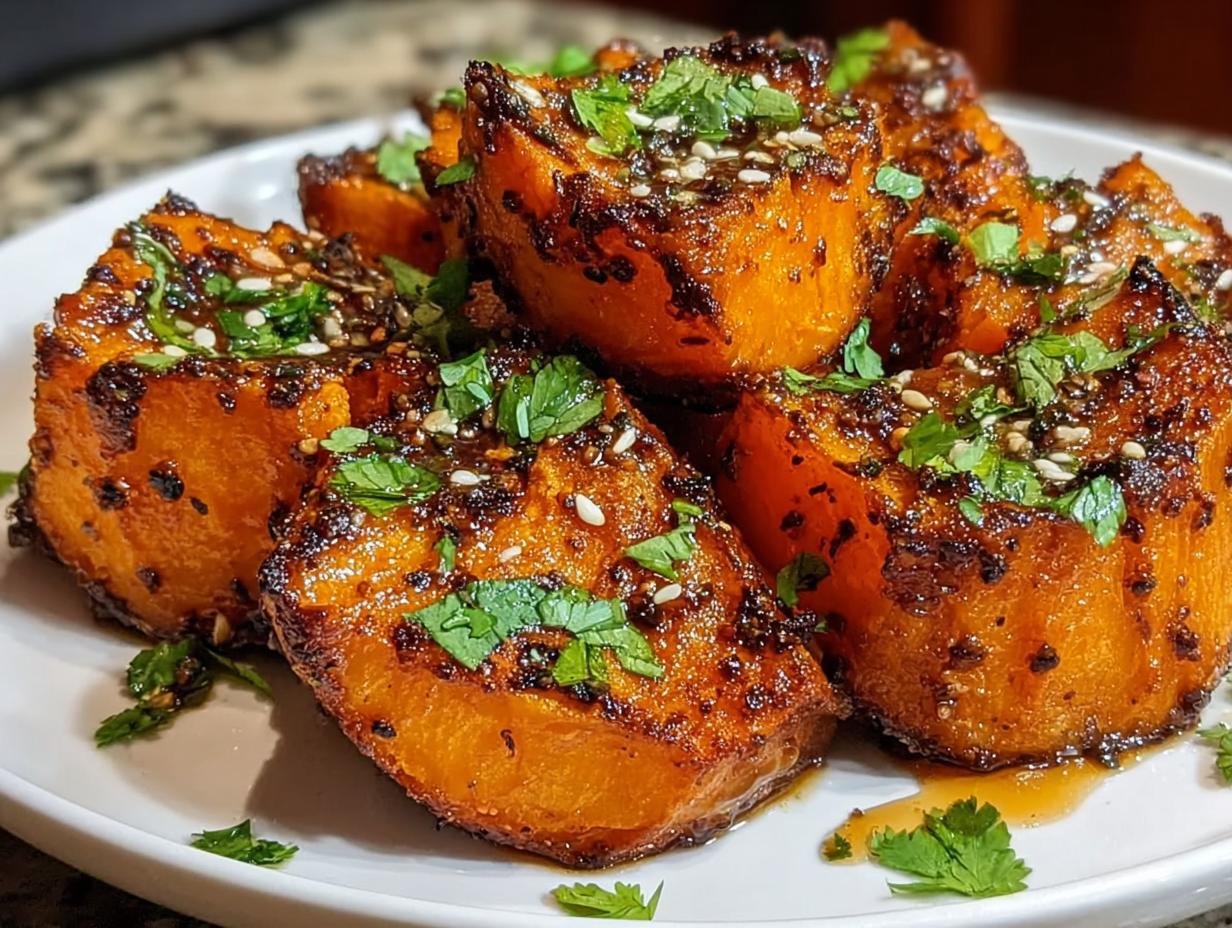 Close-up of Sweet Spicy Smashed Sweet Potatoes with honey drizzle