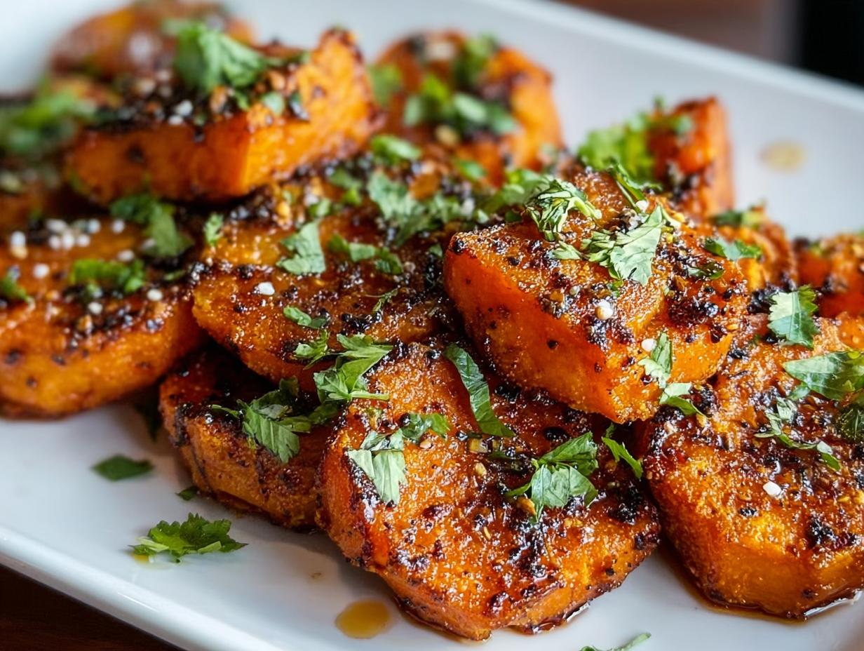 Sweet Spicy Smashed Sweet Potatoes being seasoned