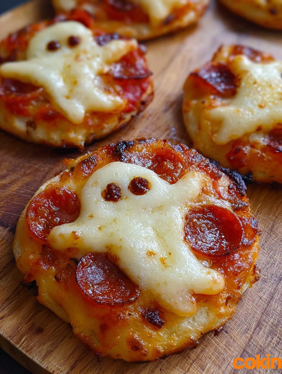 A close-up of several freshly baked Adorable Mini Ghost Pizzas on a baking sheet, showing melted mozzarella ghosts with olive eyes and golden crusts, ready to be served as a frightfully delicious Halloween treat.