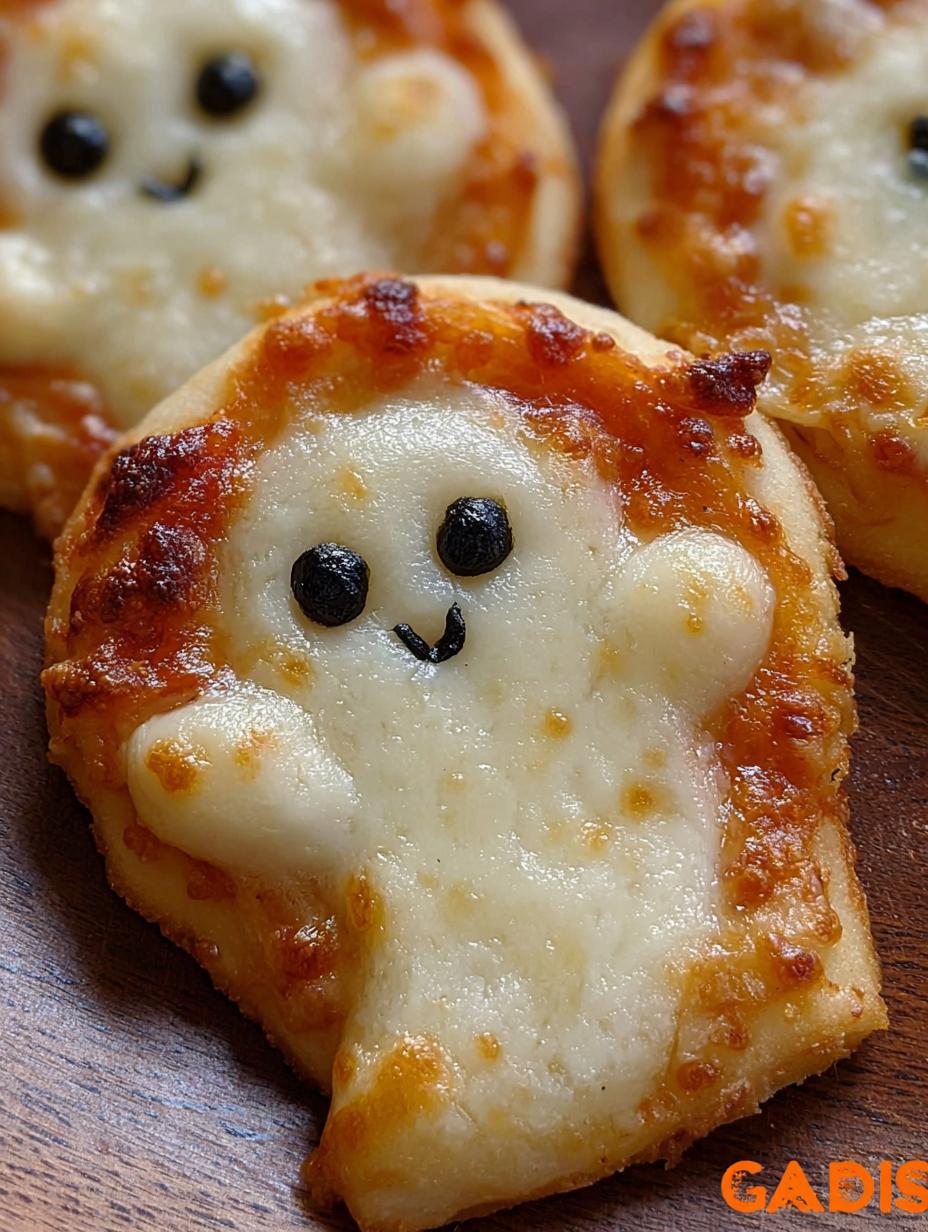 A close-up of an Adorable Mini Ghost Pizza, showcasing the perfectly melted mozzarella ghost with olive eyes on a golden crust, ready to be picked up and enjoyed as a fun Halloween snack.