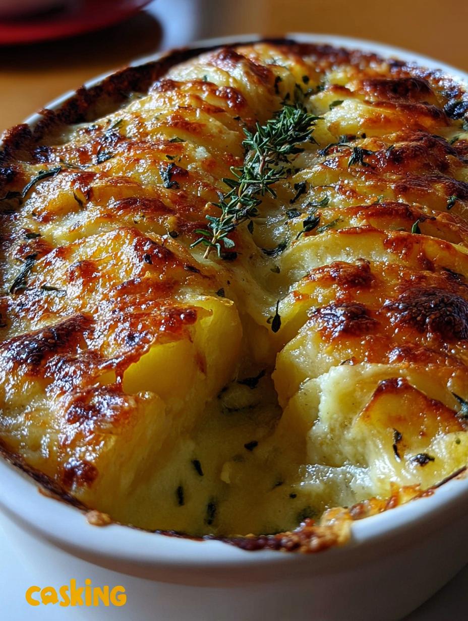 Cheesy Garlic Potatoes Gratin - Golden brown and bubbly cheese topping