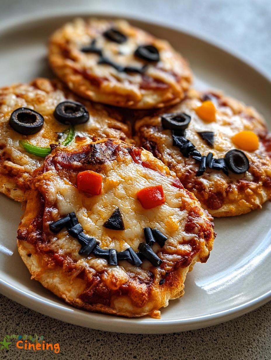 Delicious Halloween Mini Pizzas arranged on a platter, featuring olive spiders and bell pepper ghosts, perfect for a frightful feast.
