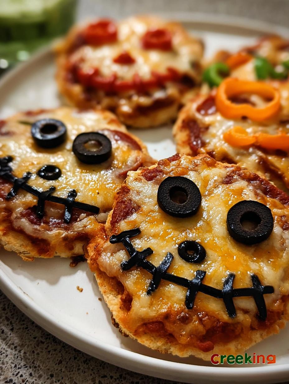 Close-up of a spooky Halloween Mini Pizza with a black olive spider design, showcasing melted cheese and golden crust.