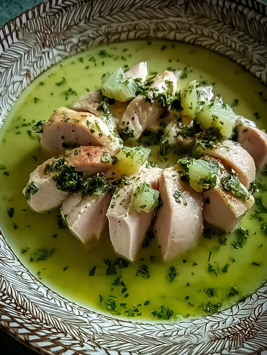 Healthy Poached Chicken Green - close-up of vibrant green sauce drizzled over sliced chicken