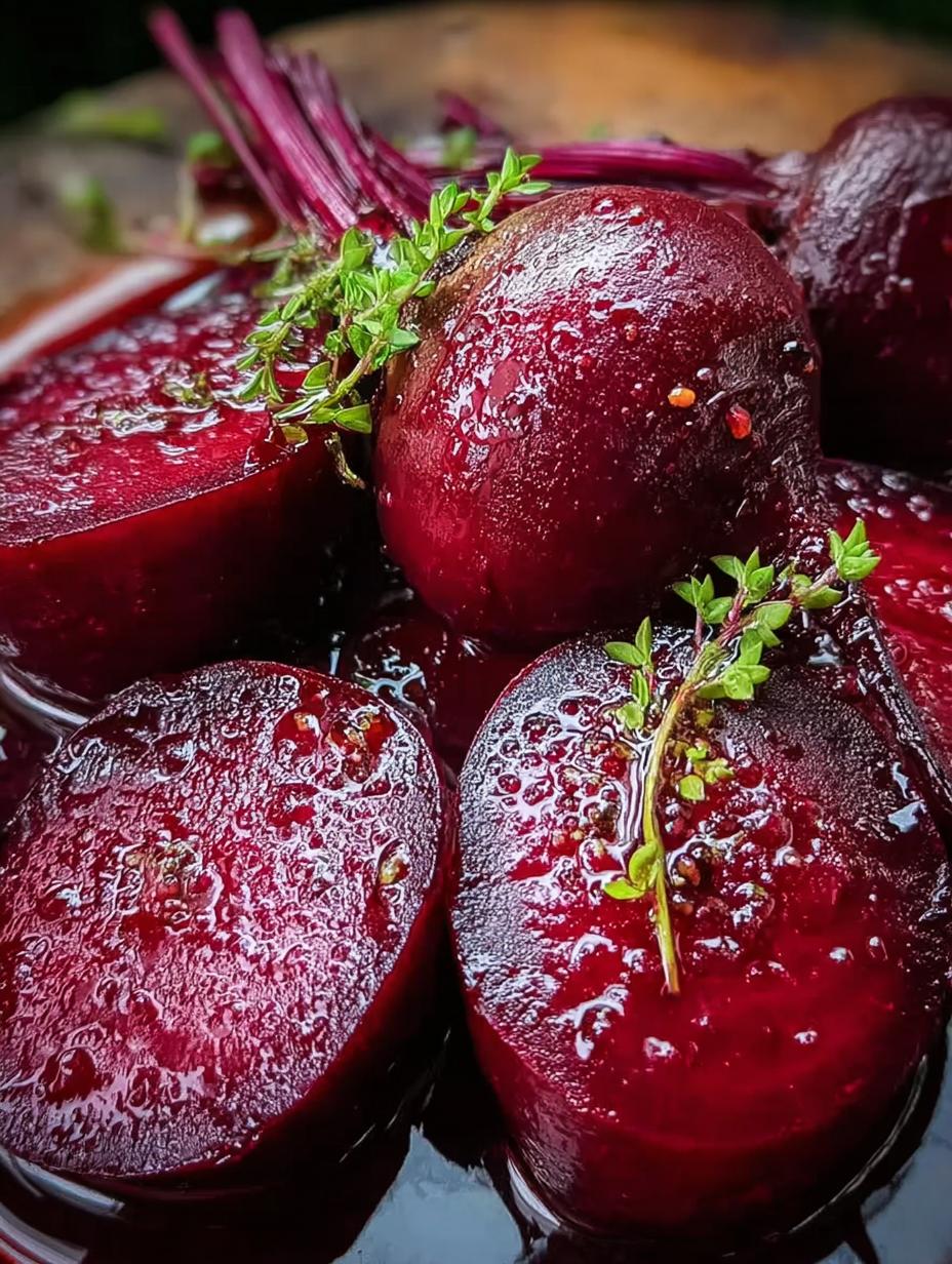Vibrant Marinated Beets Ingredient Side in a glass bowl, showcasing their rich ruby red color and fresh herbs