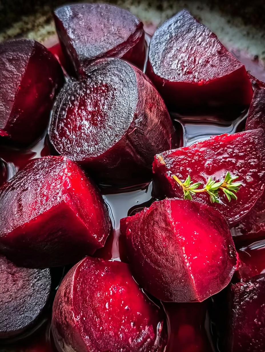 Close-up of Marinated Beets Ingredient Side, showing the glossy marinade and tender texture, garnished with fresh parsley