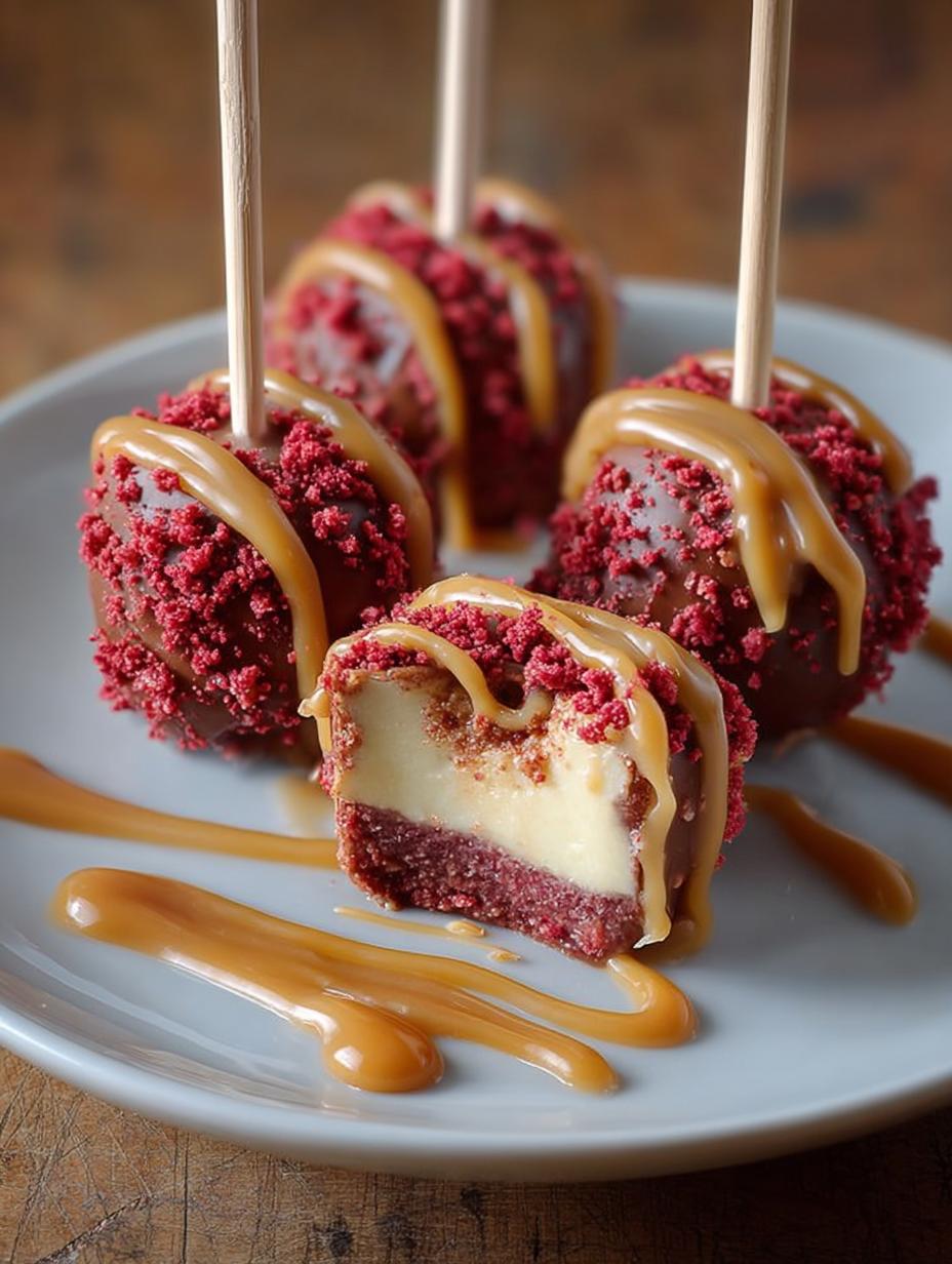 Caramel Cheesecake Pops with Red Velvet Crunch - Caramel Cheesecake Pops with - additional detail