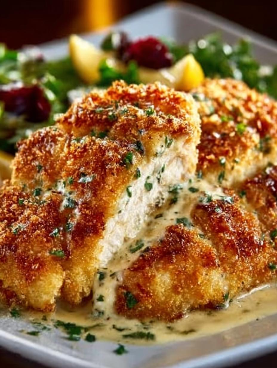 Irresistible Cheesecake Factory Crusted Chicken served with creamy sauce