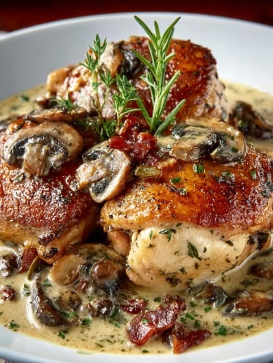 Delicious Chicken Thighs Creamy Bacon with mushrooms and herbs