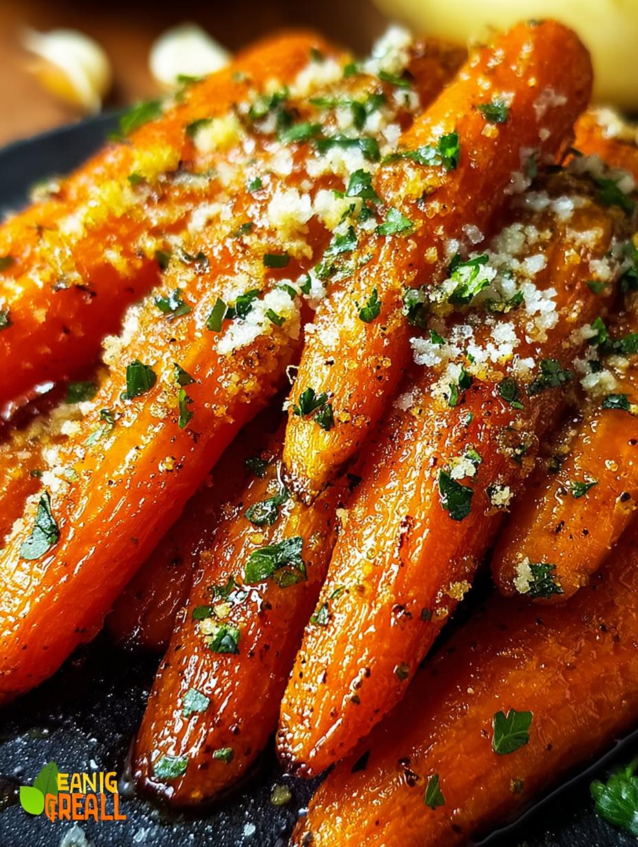 Irresistible Parmesan Garlic Roasted Carrots fresh from the oven on a serving plate