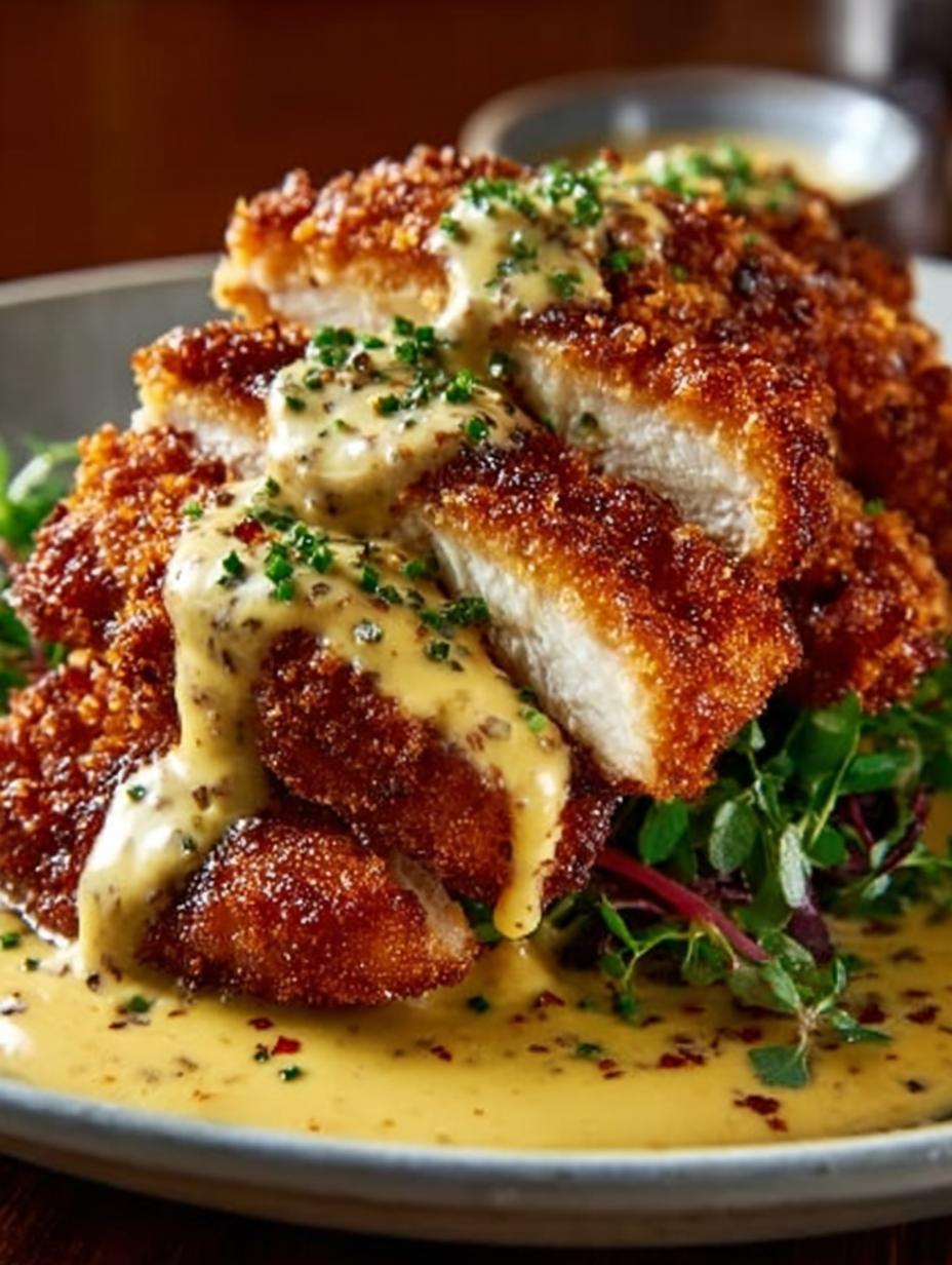 Crispy Pretzel Chicken with Creamy Mustard-Cheddar Sauce - Crispy Pretzel Chicken with - main visual representation