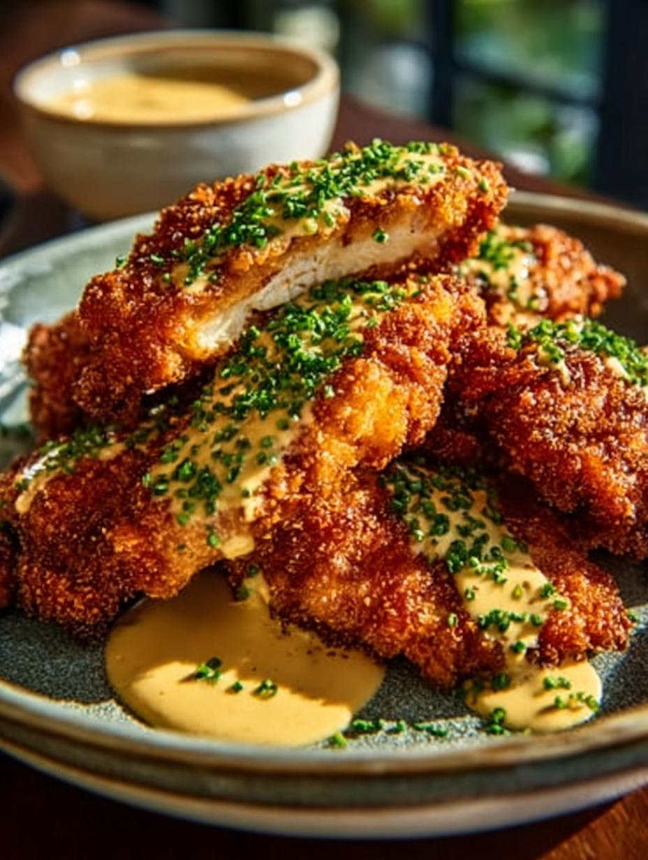 Crispy Pretzel Chicken with Creamy Mustard-Cheddar Sauce - Crispy Pretzel Chicken with - additional detail