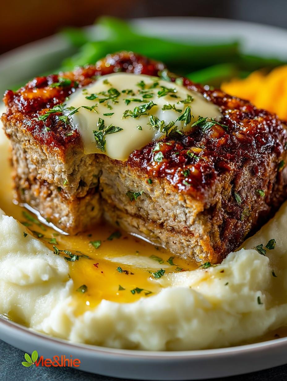Irresistible meatloaf with mashed potatoes fresh from the oven on a serving dish