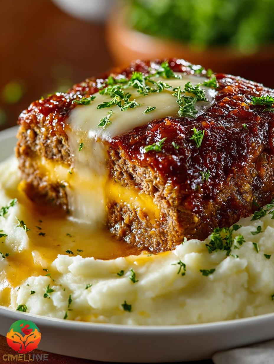 Delicious meatloaf with mashed potatoes served on a plate, showcasing the dish's texture and ingredients