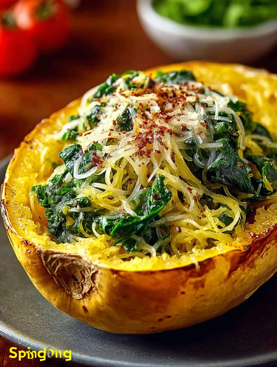 Delicious Spaghetti Squash with Spinach and Cheese - Spaghetti Squash with Spinach - additional detail